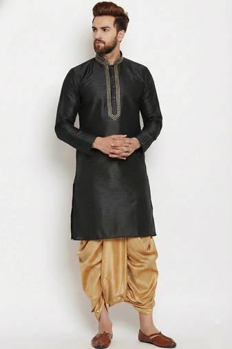 Black embroidered dupion art silk kurta set