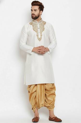 White embroidered dupion art silk kurta set