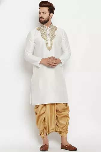 White embroidered dupion art silk kurta set