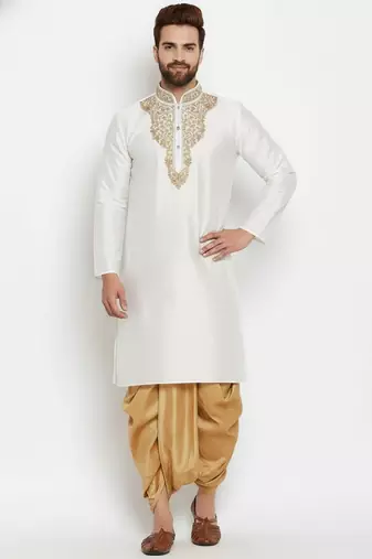 White embroidered dupion art silk kurta set