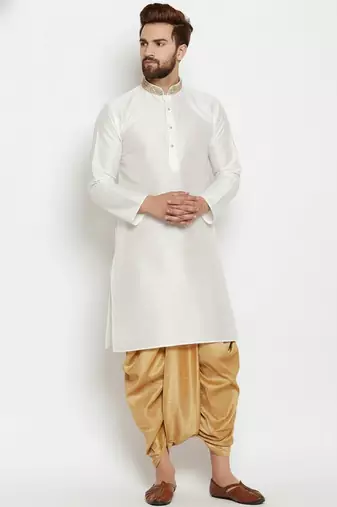 White embroidered dupion art silk kurta set