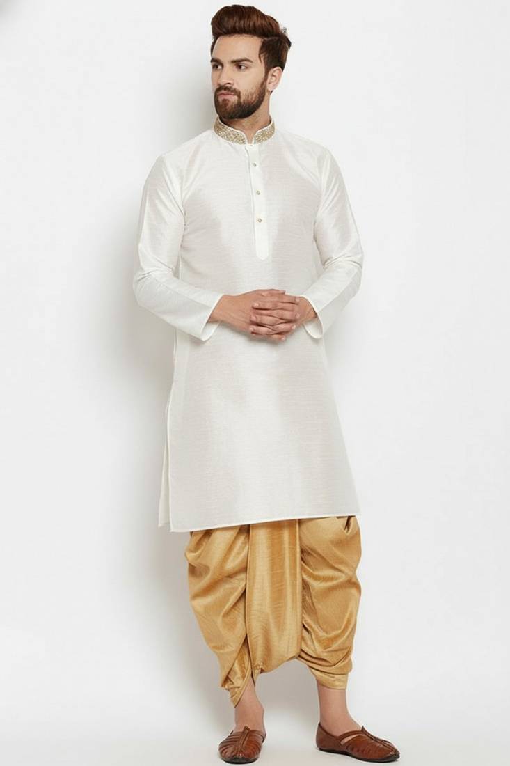 White embroidered dupion art silk kurta set