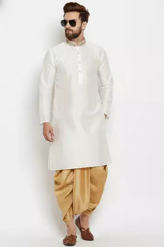 White embroidered dupion art silk kurta set