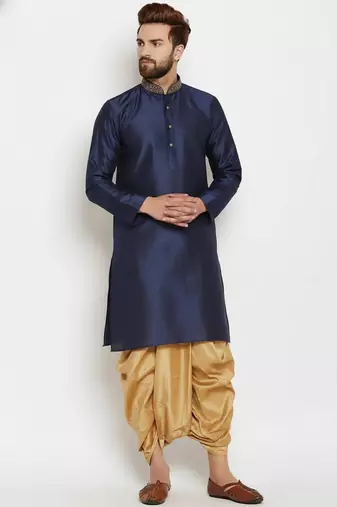 Navy embroidered dupion art silk kurta set