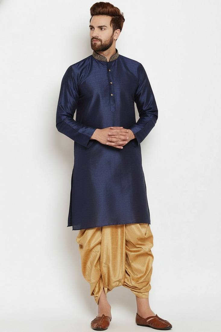 Navy embroidered dupion art silk kurta set