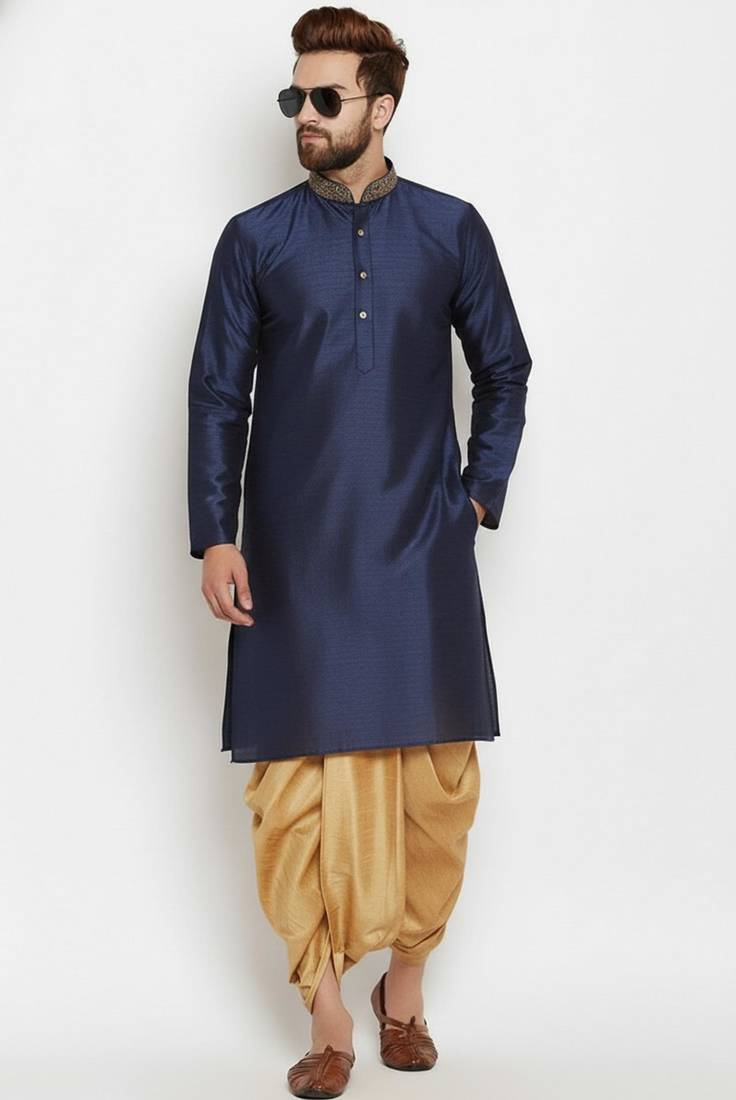 Navy embroidered dupion art silk kurta set