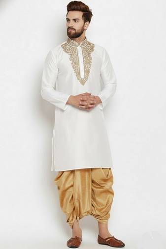 White embroidered dupion art silk kurta set