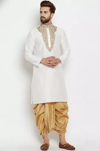White embroidered dupion art silk kurta set