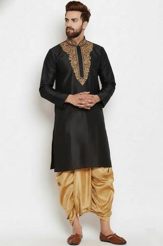 Black embroidered dupion art silk kurta set