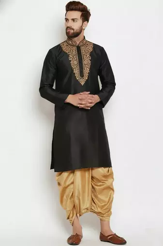 Black embroidered dupion art silk kurta set
