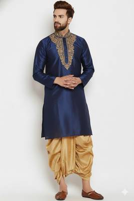Navy embroidered dupion art silk kurta set 1