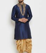 Navy embroidered dupion art silk kurta set