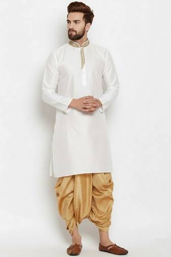 White  embroidered dupion art silk kurta set
