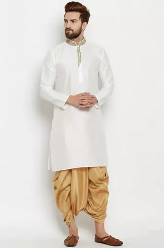 White  embroidered dupion art silk kurta set