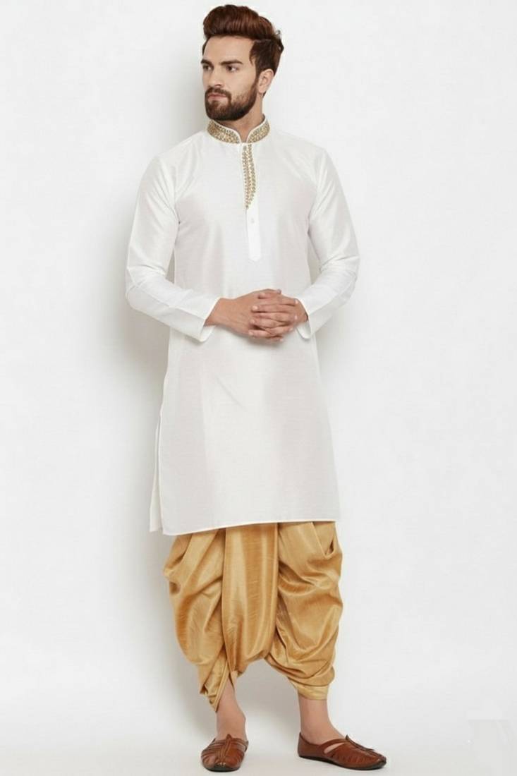 White  embroidered dupion art silk kurta set