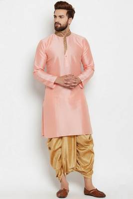 Peach embroidered dupion art silk kurta set 1