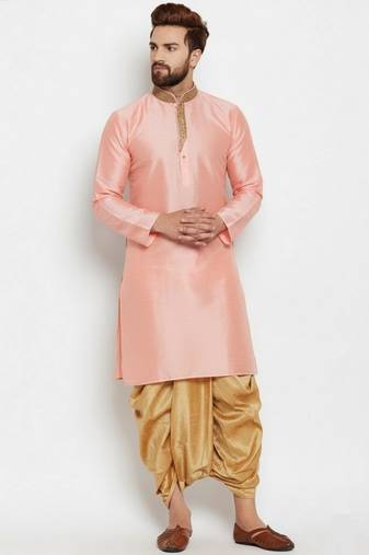 Peach embroidered dupion art silk kurta set