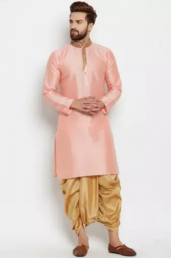 Peach embroidered dupion art silk kurta set