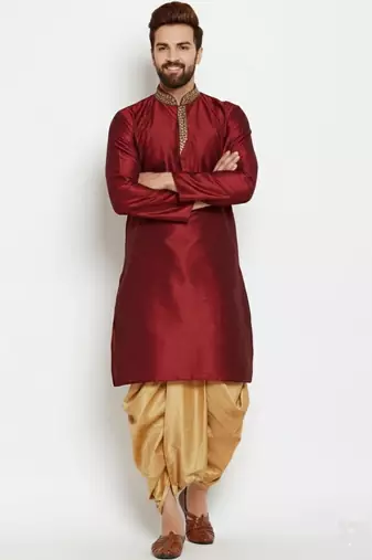 Maroon embroidered dupion art silk kurta set
