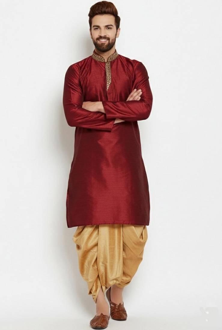 Maroon embroidered dupion art silk kurta set
