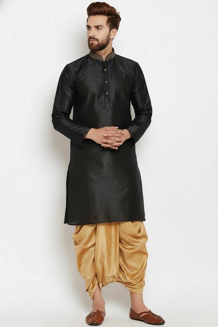 Black embroidered dupion art silk kurta set