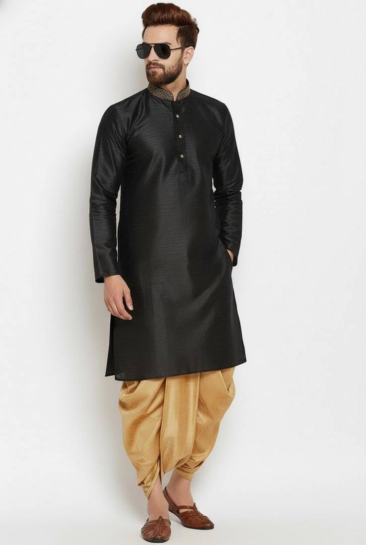 Black embroidered dupion art silk kurta set