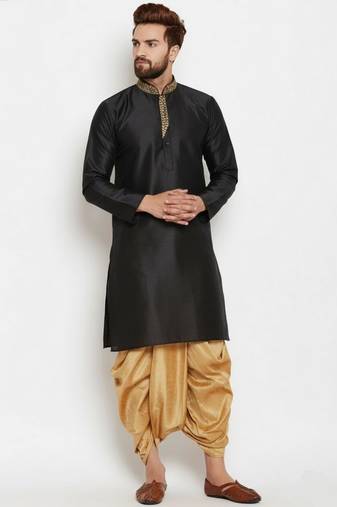 Black embroidered dupion art silk kurta set
