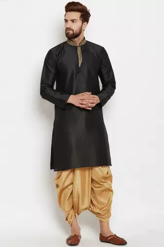 Black embroidered dupion art silk kurta set