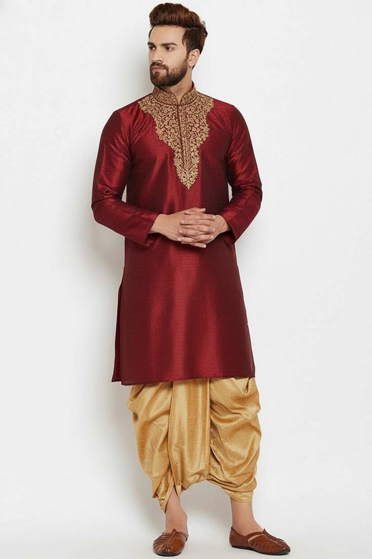 Maroon embroidered dupion art silk kurta set