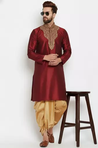 Maroon embroidered dupion art silk kurta set