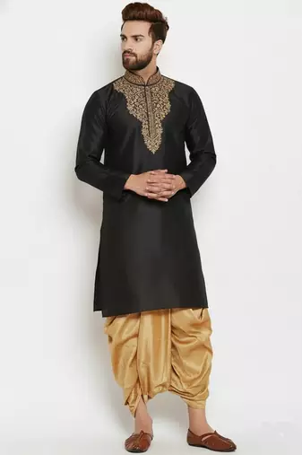 Black embroidered dupion art silk kurta set