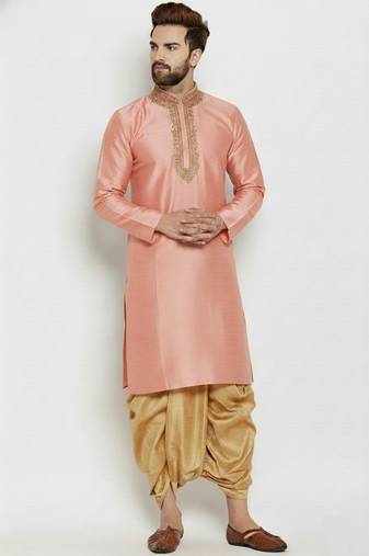 Peach embroidered dupion art silk kurta set