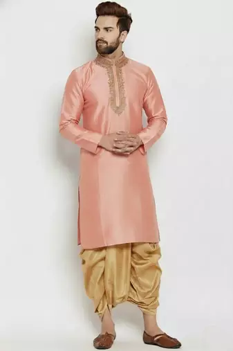 Peach embroidered dupion art silk kurta set