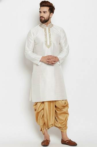 White embroidered dupion art silk kurta set