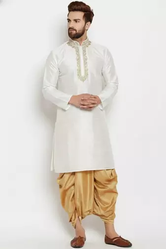 White embroidered dupion art silk kurta set