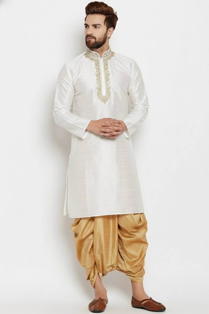 White embroidered dupion art silk kurta set