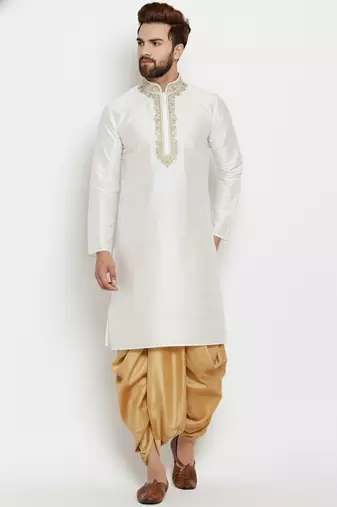 White embroidered dupion art silk kurta set