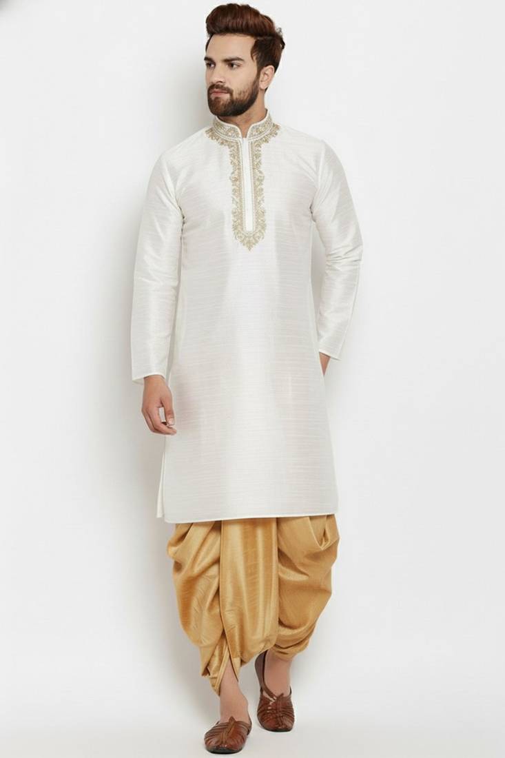 White embroidered dupion art silk kurta set