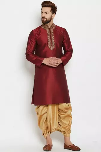 Maroon embroidered dupion art silk kurta set