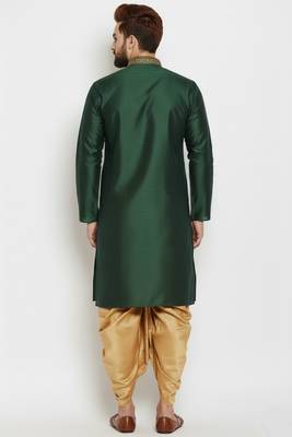 Bottle green embroidered dupion art silk kurta set 2