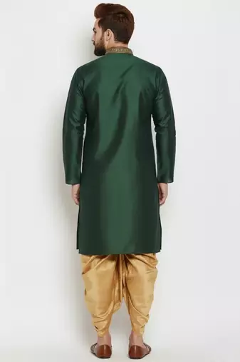 Bottle green embroidered dupion art silk kurta set
