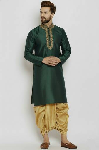 Bottle green embroidered dupion art silk kurta set