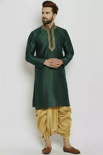 Bottle green embroidered dupion art silk kurta set