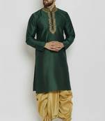 Bottle green embroidered dupion art silk kurta set