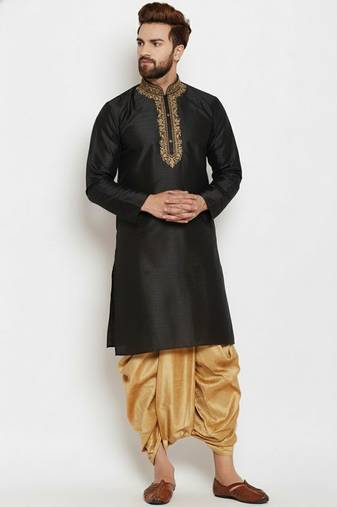 Black embroidered dupion art silk kurta set