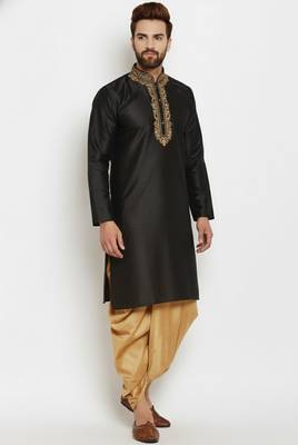Black embroidered dupion art silk kurta set 2