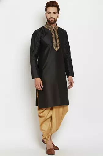 Black embroidered dupion art silk kurta set