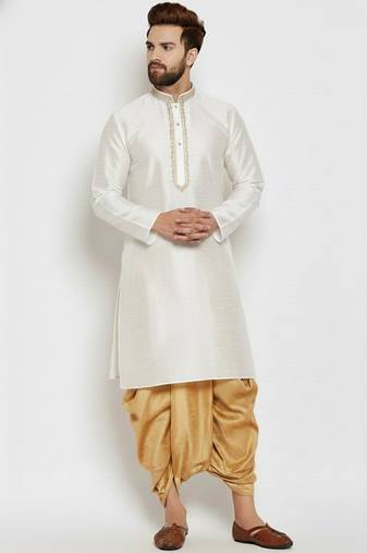 White embroidered dupion art silk kurta set