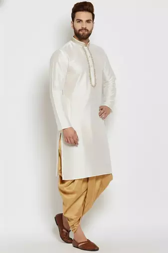 White embroidered dupion art silk kurta set
