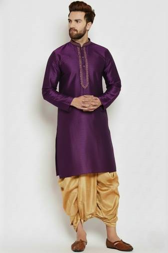 Purple embroidered dupion art silk kurta set